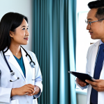 A professional Malaysian female doctor in a crisp, modest medical uniform, standing alongside a male patient and another specialist in a bright, clean hospital consultation room. They are collaboratively discussing a treatment plan with a calm and reassuring demeanor, emphasizing integrated patient care. The setting is modern and well-lit, representing a seamless healthcare ecosystem and smart referrals. This image highlights medical collaboration and a holistic approach to health. fully clothed, appropriate attire, professional dress, safe for work, appropriate content, family-friendly, perfect anatomy, correct proportions, natural pose, well-formed hands, proper finger count, natural body proportions, high quality, professional photography.