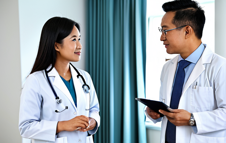 A professional Malaysian female doctor in a crisp, modest medical uniform, standing alongside a male patient and another specialist in a bright, clean hospital consultation room. They are collaboratively discussing a treatment plan with a calm and reassuring demeanor, emphasizing integrated patient care. The setting is modern and well-lit, representing a seamless healthcare ecosystem and smart referrals. This image highlights medical collaboration and a holistic approach to health. fully clothed, appropriate attire, professional dress, safe for work, appropriate content, family-friendly, perfect anatomy, correct proportions, natural pose, well-formed hands, proper finger count, natural body proportions, high quality, professional photography.