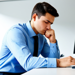 A professional male office worker, in his late 20s, dressed in a modest, clean business shirt and trousers, seated at a modern, well-lit desk in an open-plan office during the daytime. He is leaning slightly on his hand, eyes showing fatigue, struggling to keep his focus on the computer screen. His posture suggests tiredness but remains professional. The background shows a clean, organized workspace with other colleagues in the distance (blurred). This image depicts the challenges of daytime sleepiness. The subject is fully clothed, appropriate attire, safe for work, perfect anatomy, correct proportions, natural pose, well-formed hands, proper finger count, natural body proportions, professional photography, high quality, modest, family-friendly.