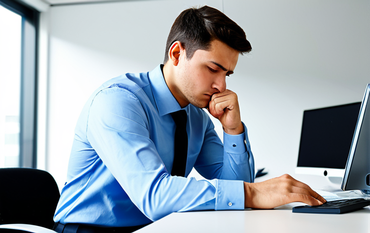 A professional male office worker, in his late 20s, dressed in a modest, clean business shirt and trousers, seated at a modern, well-lit desk in an open-plan office during the daytime. He is leaning slightly on his hand, eyes showing fatigue, struggling to keep his focus on the computer screen. His posture suggests tiredness but remains professional. The background shows a clean, organized workspace with other colleagues in the distance (blurred). This image depicts the challenges of daytime sleepiness. The subject is fully clothed, appropriate attire, safe for work, perfect anatomy, correct proportions, natural pose, well-formed hands, proper finger count, natural body proportions, professional photography, high quality, modest, family-friendly.