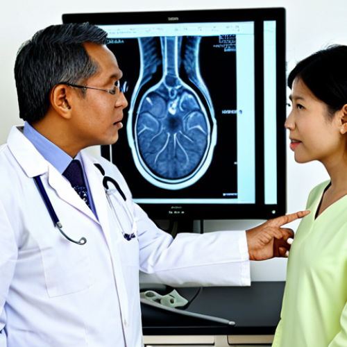 암 진단을 위한 PET CT 검사 - **Image Prompt:** "A Malaysian doctor in a modern clinic setting, explaining a PET-CT scan result to...
