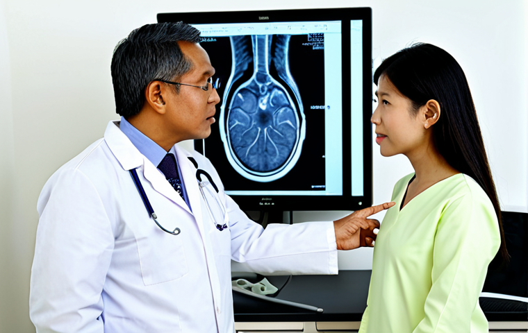 암 진단을 위한 PET CT 검사 - **Image Prompt:** "A Malaysian doctor in a modern clinic setting, explaining a PET-CT scan result to...
