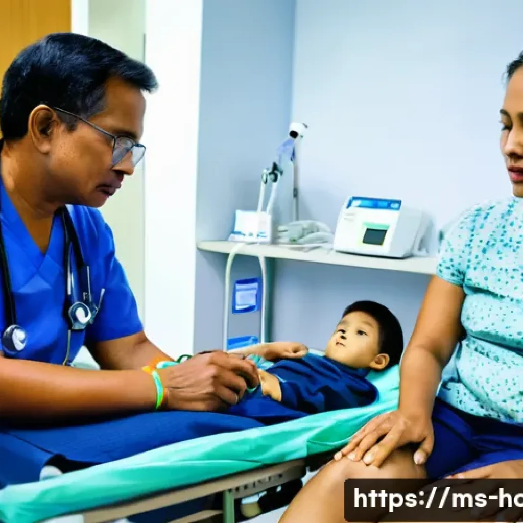 소아 응급실에서 자주 다루는 사례 - A busy pediatric emergency room scene in Malaysia, showing a calm female healthcare worker gently as...