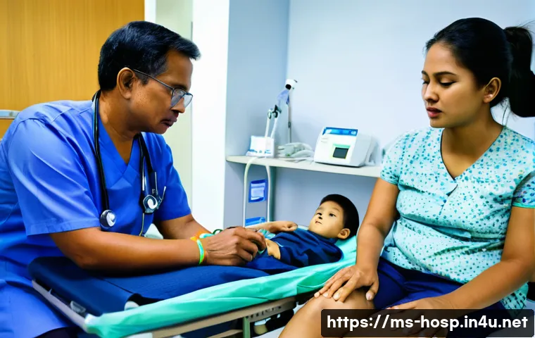 소아 응급실에서 자주 다루는 사례 - A busy pediatric emergency room scene in Malaysia, showing a calm female healthcare worker gently as...