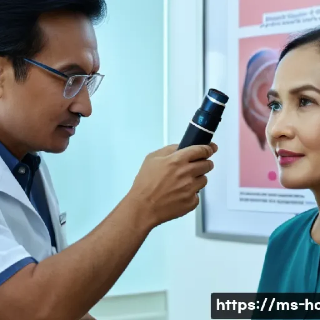 피부과와 종양내과의 협진 사례 - A modern dermatology clinic scene in Malaysia featuring a Malay dermatologist examining a middle-age...