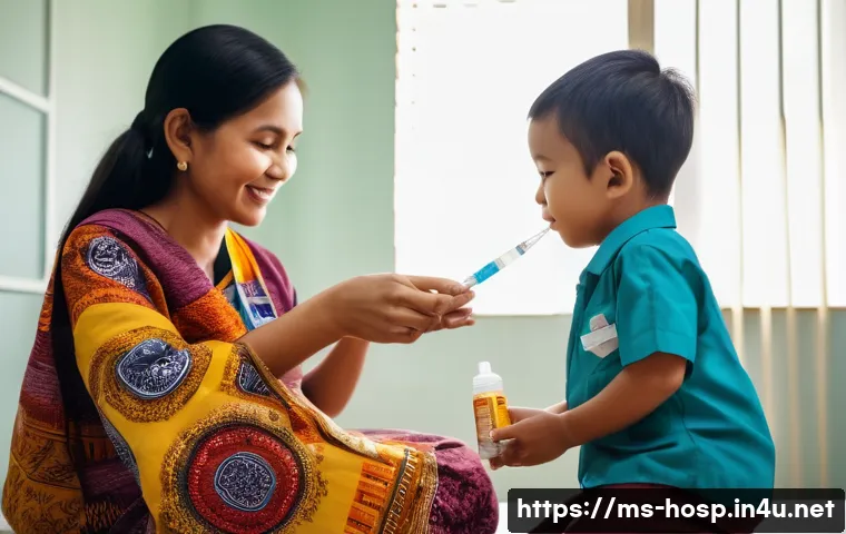 소아청소년과 예방접종 스케줄 - A caring Malaysian mother gently holding her toddler wearing a colorful diaper, sitting in a bright,...