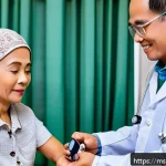 Home 23 심장 질환 예방을 위한 검진 항목 - A detailed medical clinic scene in Malaysia showing a middle-aged Malay man undergoing a cholesterol...