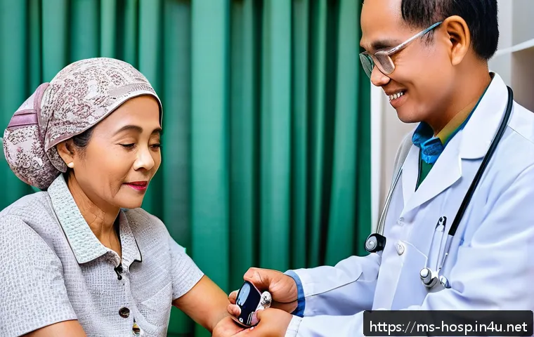 심장 질환 예방을 위한 검진 항목 - A detailed medical clinic scene in Malaysia showing a middle-aged Malay man undergoing a cholesterol...