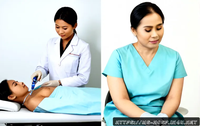 Home 17 갑상선 초음파 검사와 CT 비교 - Photorealistic split-screen medical comparison: on the left, a Malaysian female radiologist performs...